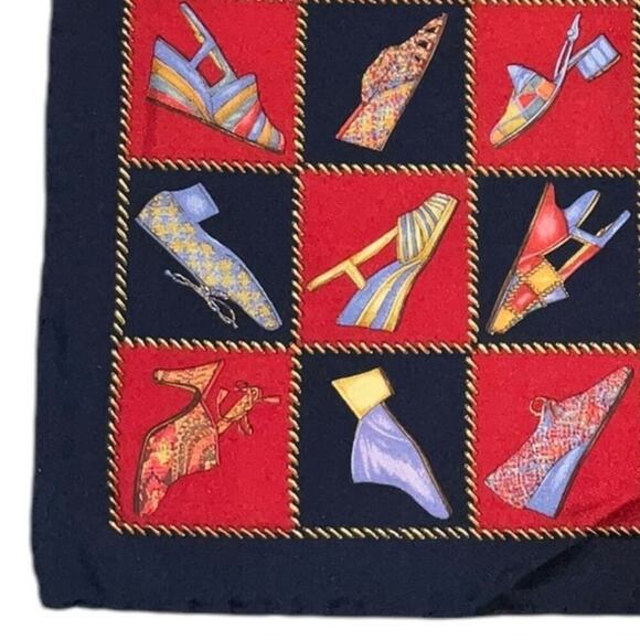 Salvatore Ferragamo Vintage 100% Silk Shoe Designs Scarf 16” Square Red Blue - Picture 11 of 12